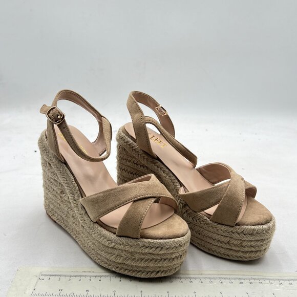 miss left Apricot Platform Round Toe Cross Strappy Espadrille Wedge Heel Sandal - Picture 4 of 8
